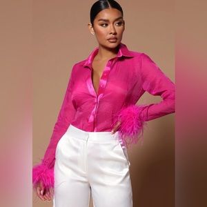 Sheer button down feather sleeve top from Fashion Nova.